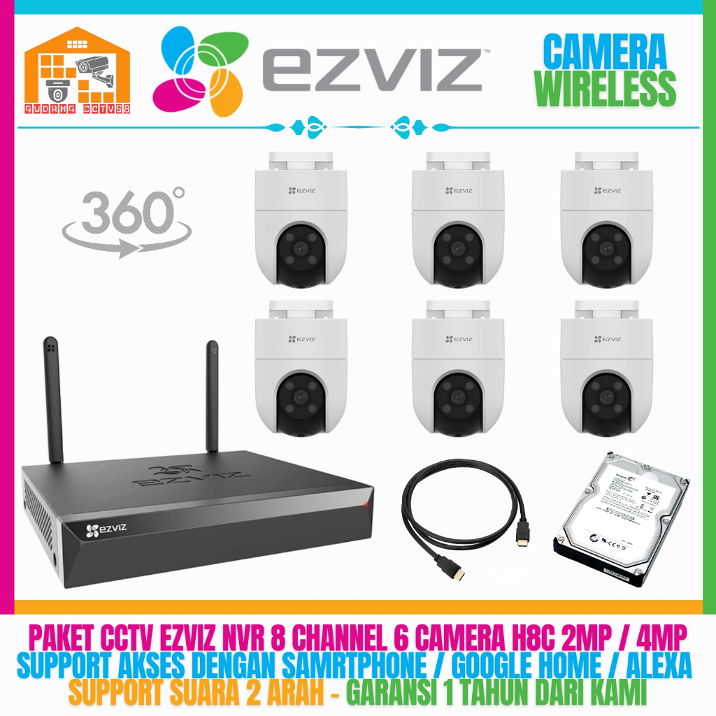 PAKET CCTV EZVIZ KAMERA OUTDOOR WIRELESS NVR 8 CHANNEL 6 KAMERA 4MP - 2MP KOMUNIKASI DUA ARAH IP KAM