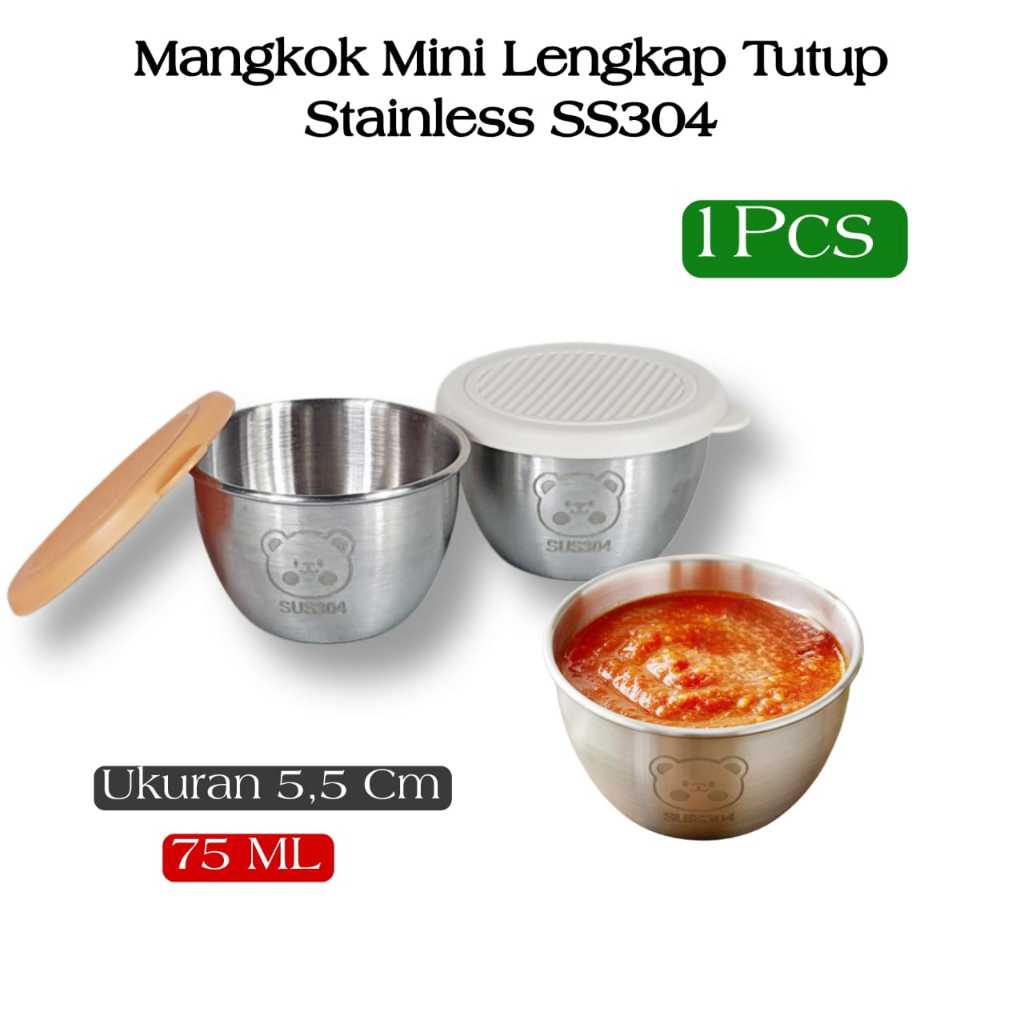Sun888 Mangkok Kecil Saus Stainless Tahan Karat Lengkap Tutup Ukuran 5,5CM