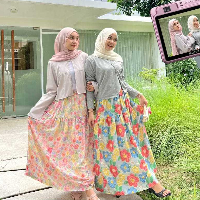 Rok Floral Rayon Pattern Skirt | Rok Motif Bunga | Flower Skirt | Rok Panjang | Maxi Wanita