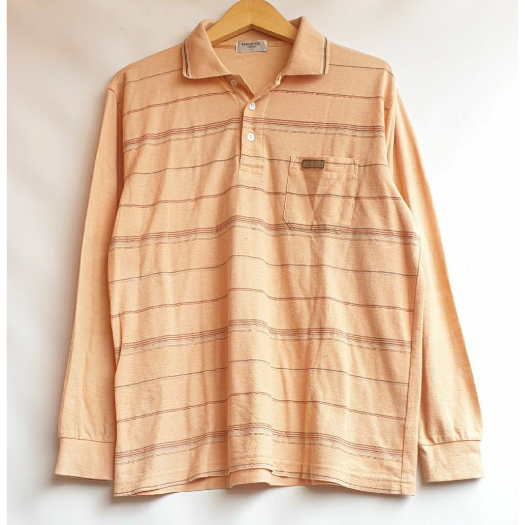 ​Kaos Polo Merek KENGROVE HOMME Pria Lengan Panjang Warna Oranye Muda Peach Motif Garis Horizontal S