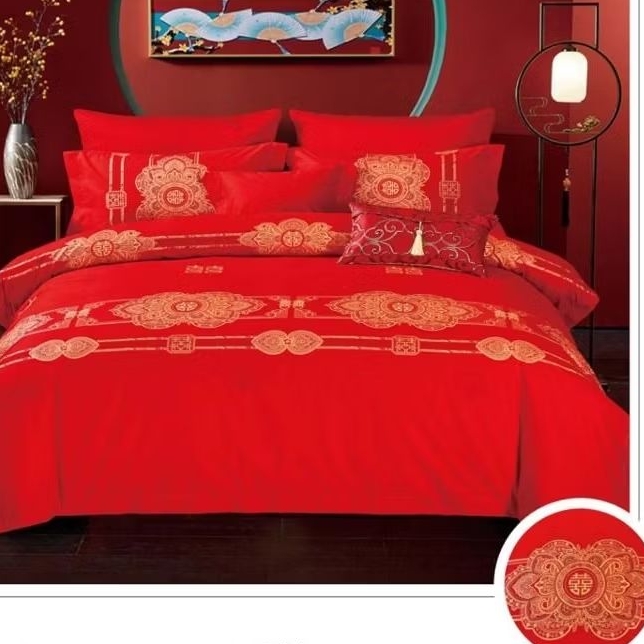 Sprei+Bedcover Chinese Wedding Katun Jepang Motif Suangxi Naga & Hong