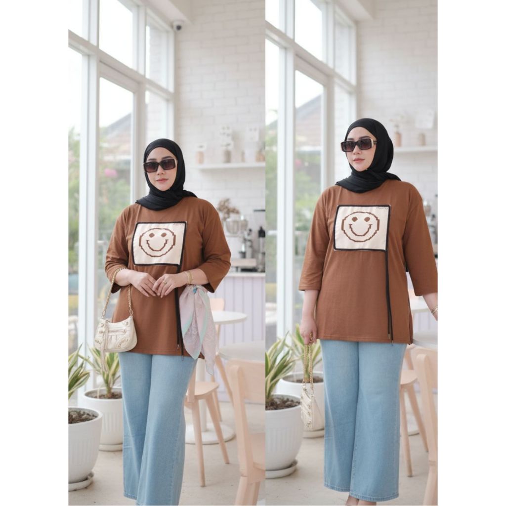 Tunik Kaos Wanita Oversize Lengan 7/8 Brown Smile