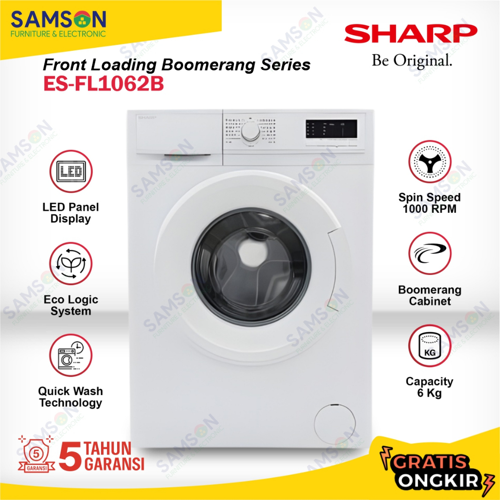 Sharp Mesin Cuci 6 Kg Front Loading  Boomerang Series ES-FL1062B 6Kg Hemat Listrik Quick Wash Tech