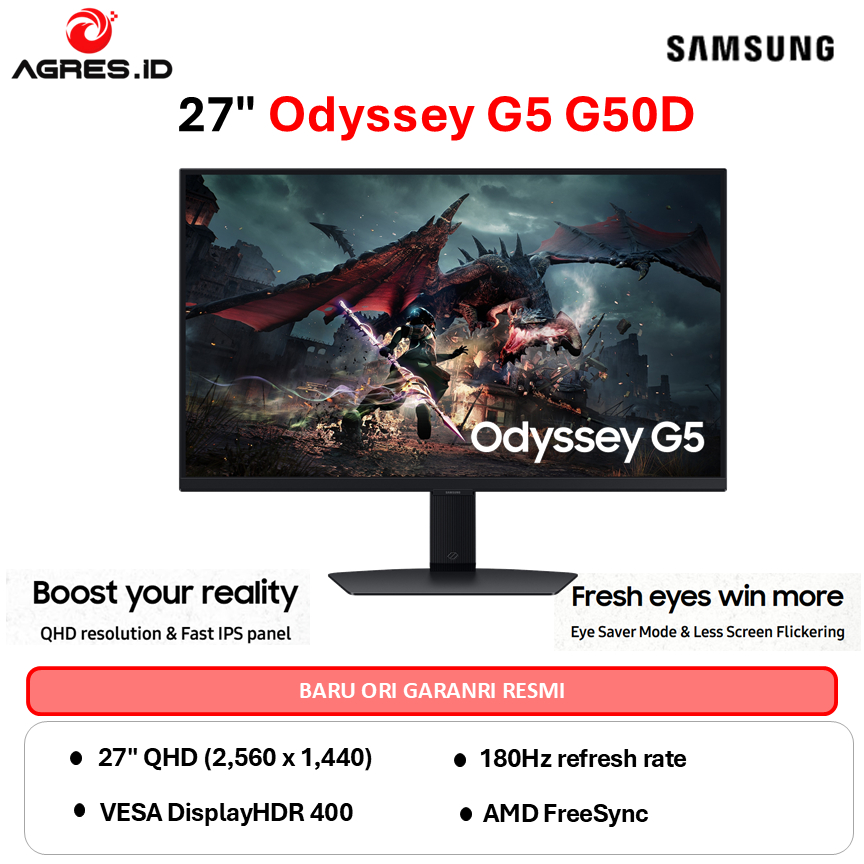 SAMSUNG GAMING MONITOR 27" Odyssey G5 G50D QHD 180Hz Gaming Monitor