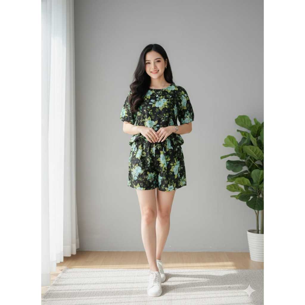 Setelan Rayon Wanita  / Oneset Rayon Bunga Celana Pendek /motif bunga