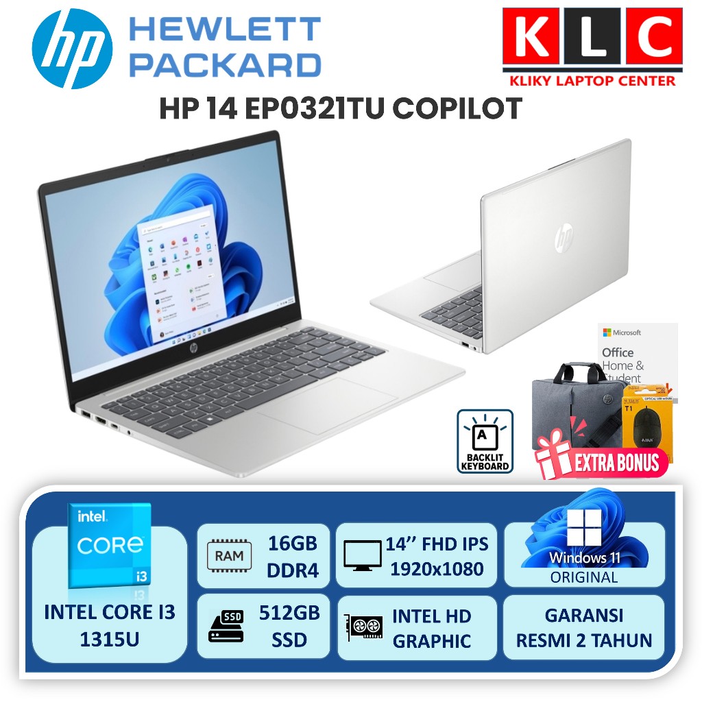 Laptop HP 14 EP0321TU Intel Core I3 1315U 16GB SSD 512GB 14 FHD IPS Windows 11 Garansi Resmi