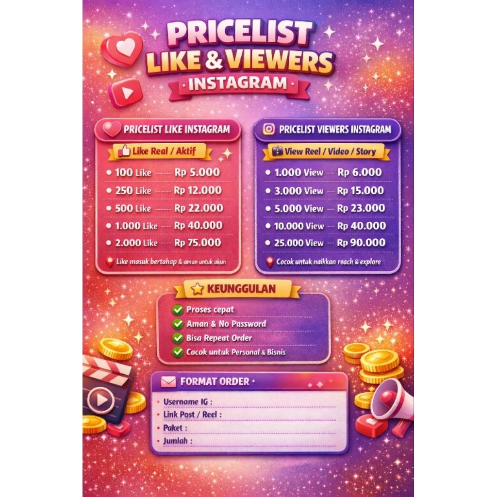 Jasa Like dan View Reels Instagram Murah - Proses Cepat & Aman Tanpa Password