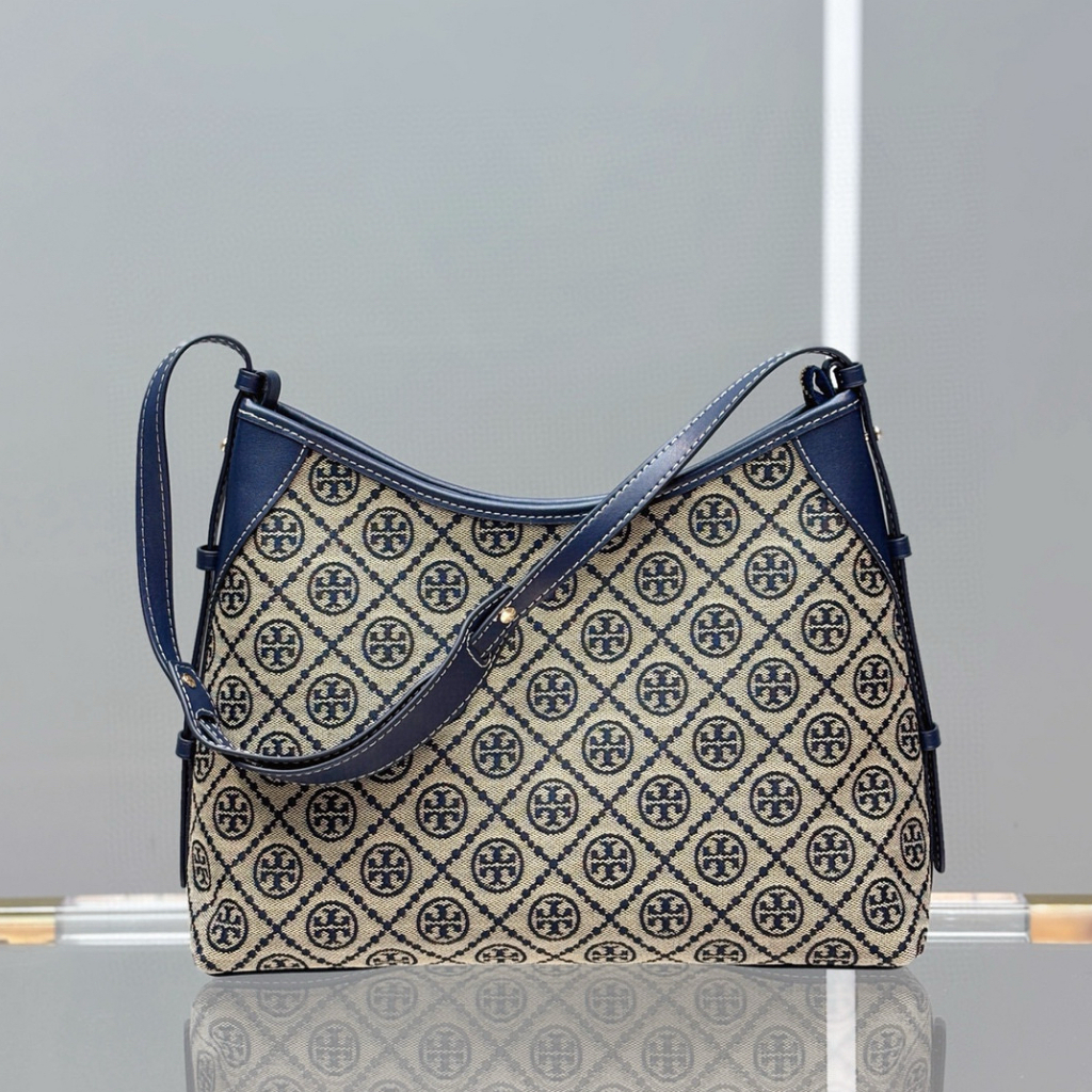 Pre Order T0ry Burc*h T Manogram Hobo Bag Wanita 29cm Premium Monogram Canvas Leather Strap