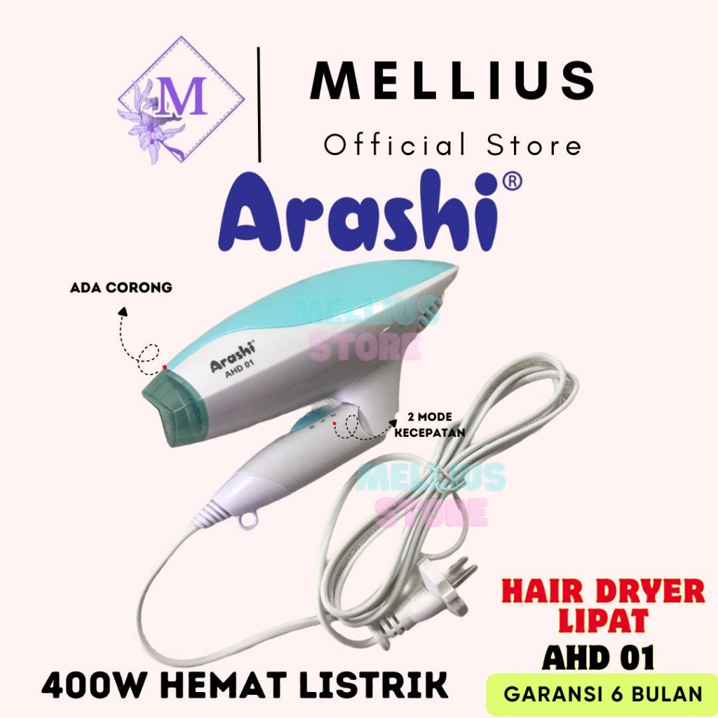 Folding Hair Dryer Alat Pengering Rambut Lipat 2 Mode Arashi AHD 01 Original HairDryer Kabel 2m Mell