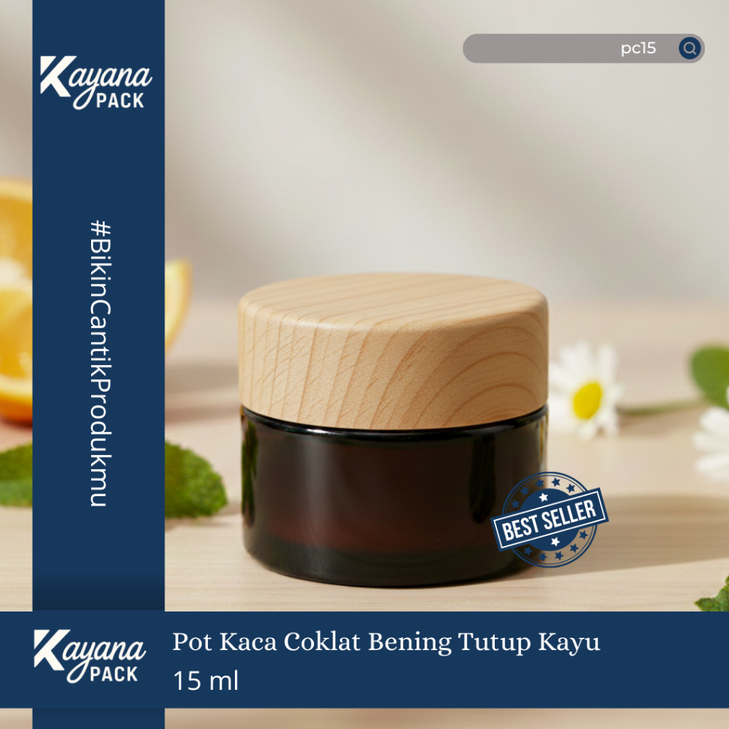 BOTOL POT JAR CREAM KRIM KACA COKLAT BENING 15GR TUTUP KAYU / POT KACA COKLAT 15 GR (PC15)