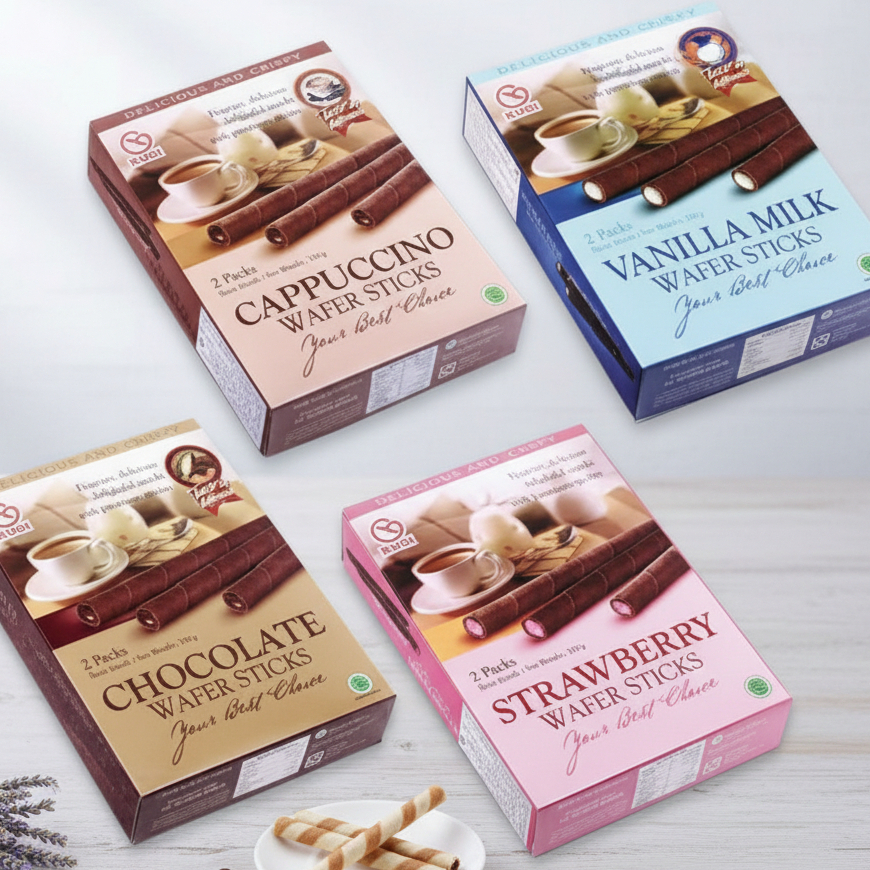 KUGI WAFER STICK ROLL Rasa Chocolate Strawberry Vanilla Cappucino 100gr 320gr Kue Untuk Berkat Hajat