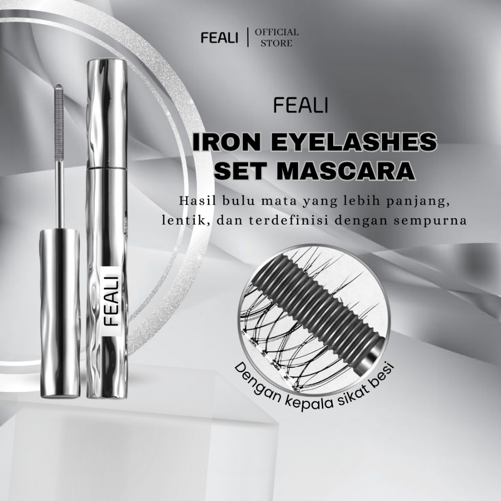 [BPOM] FEALI Iron Eyelashes Set Mascara (Mascara Besi Waterproof & Smudgeproof Untuk Bulu Mata Lentik, Panjang, & Tahan Lama)