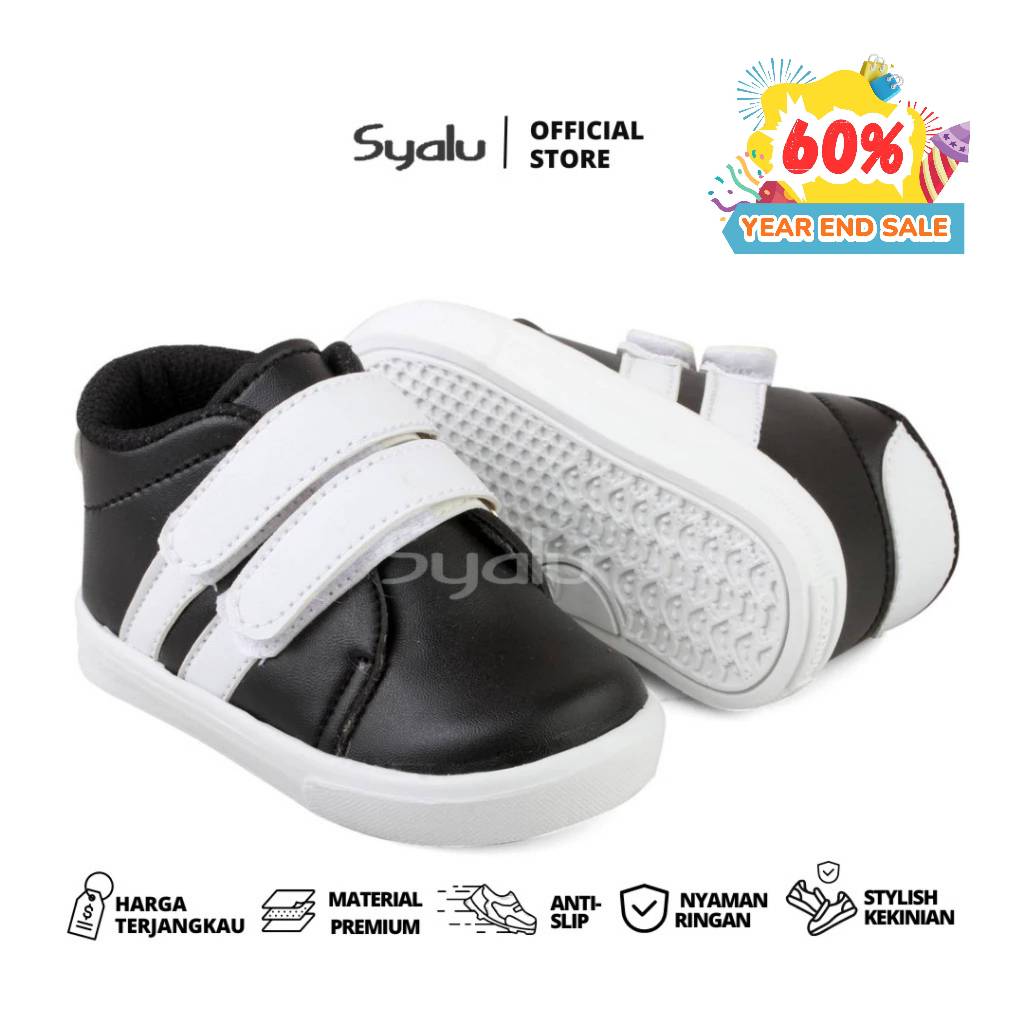 Syalu Sepatu Anak Cowok Usia 1 2 Tahun Sneaker Hitam Putih LS19