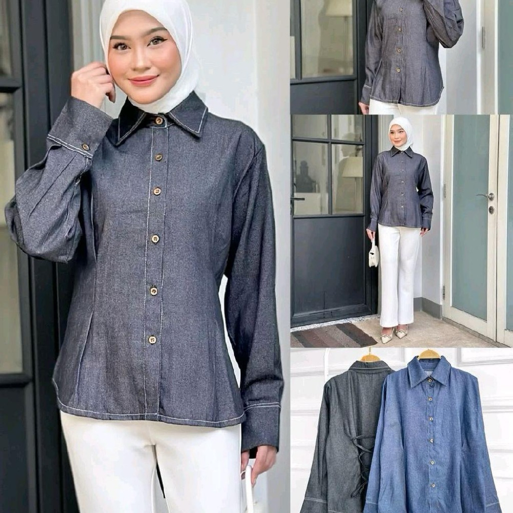 Luna Blouse Denim Baju Atasan Wanita Jeans Denim Tali Adjustable