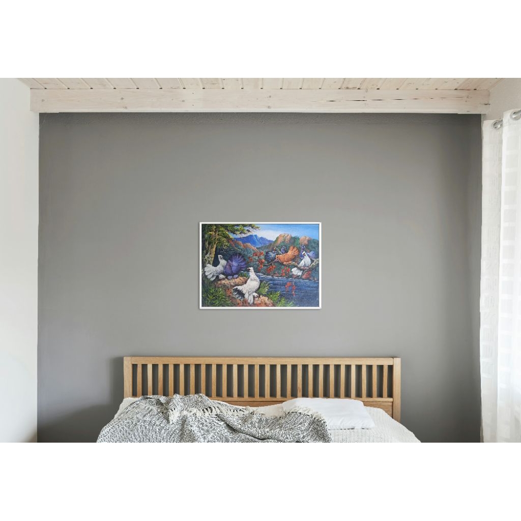 Lukisan Burung Merpati 5Ekor + Bingkai Pigura Ukuran 80cm x 60cm