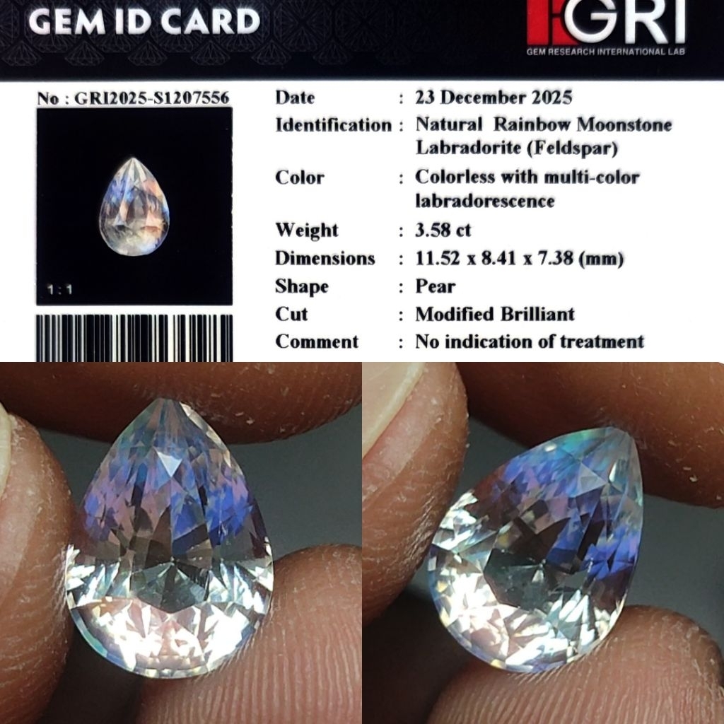 HQ ITEM Natural Rainbow Moonstone Multicolor 3.58ct GRI Clean Top Crystall Full Luster Body Kaca Met