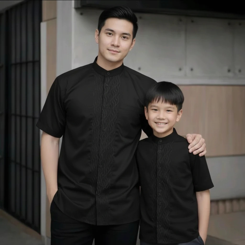 Baju Koko Couple Ayah Anak Laki Laki Lengan Pendek Warna Hitam