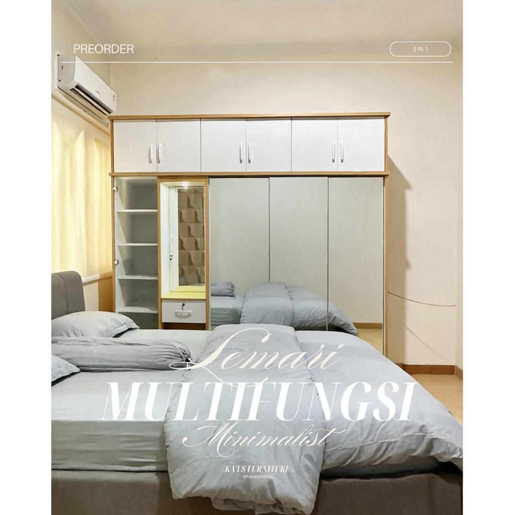 LEMARI SLIDING SERBAGUNA + MEJA RIAS + LEMARI TAS