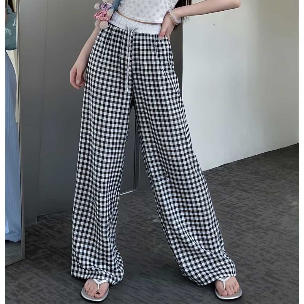 Square Pants - Celana Tidur Kulot Wanita Panjang Korean Style Cocok Untuk Santai Motif Kotak Gingham