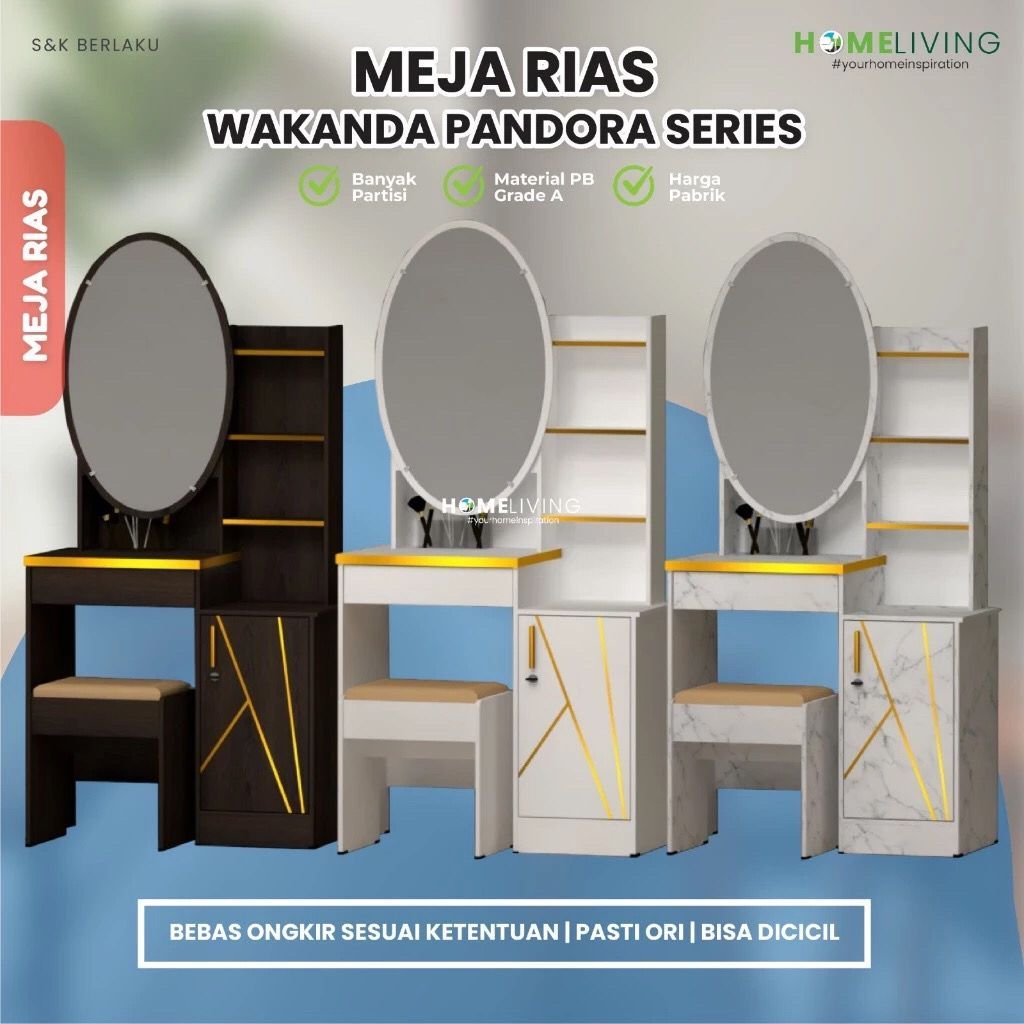HOMELIVING - Meja rias cermin sliding - meja set kursi rias - cermin sliding - meja rias minimalis