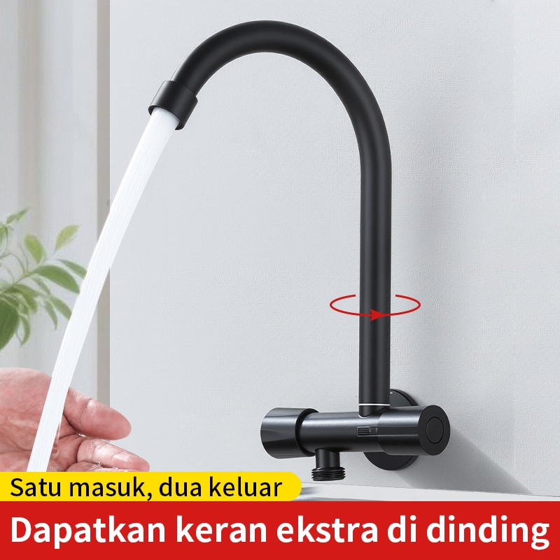 Keran wastafel baja tahan karat hitam / Keran wastafel dinding yang dapat diputar dengan dua saluran