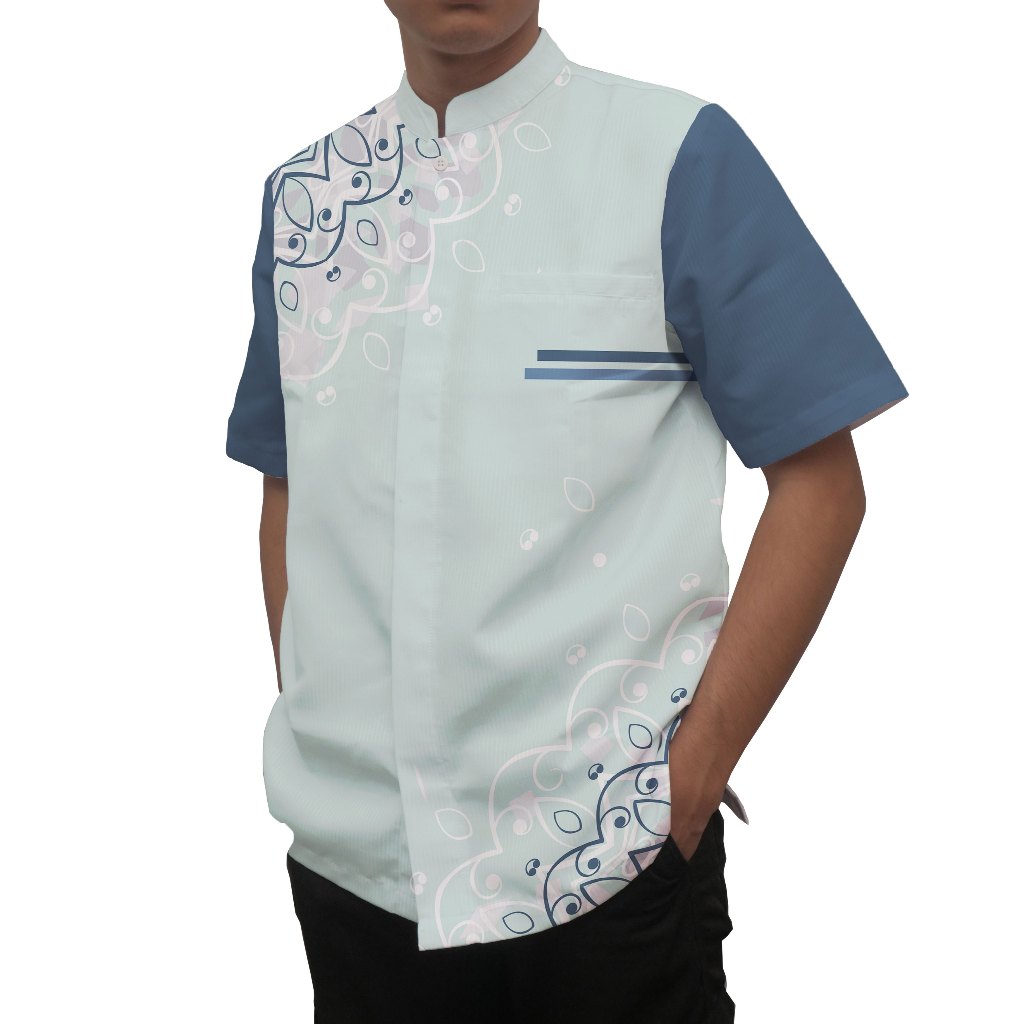 TWO SEASONS - Baju Kemeja Koko Muslim Pria Mandala Motif Bunga Hijau Sage ZT 04 Lengan Pendek & Leng