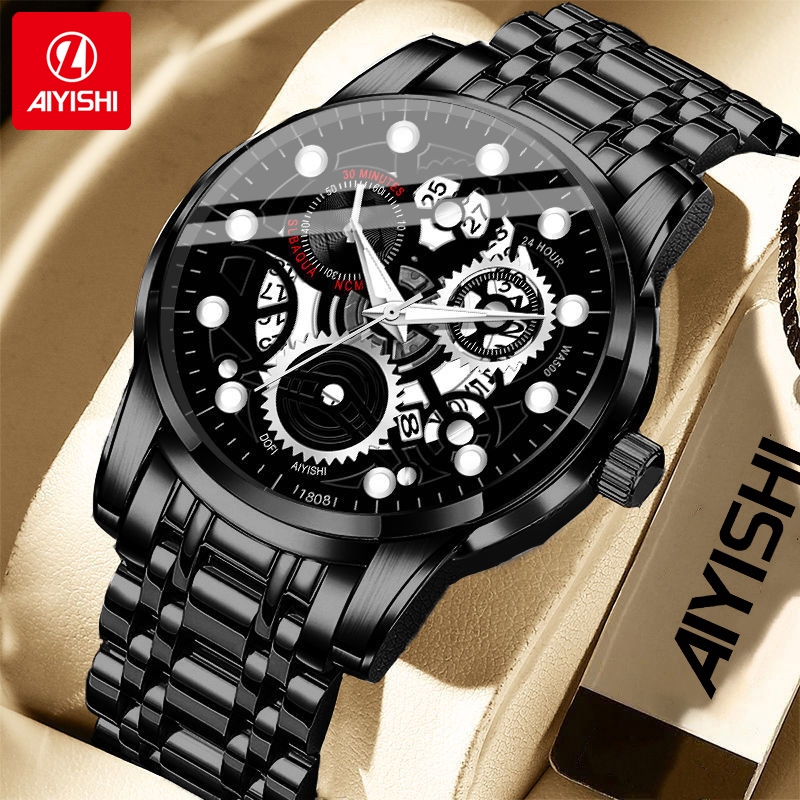 AIYISHI  Casual casual jam tangan pria asli dengan kalender malam yang tahan air menampilkan jam tan