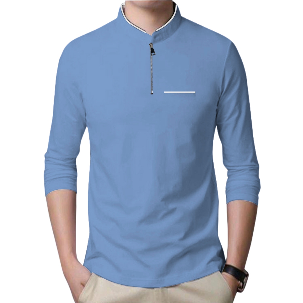 Kaos Polo Lengan Panjang Pria Kerah Shanghai Resleting Depan Premium - Baju Kaos Pria Polos Lengan P