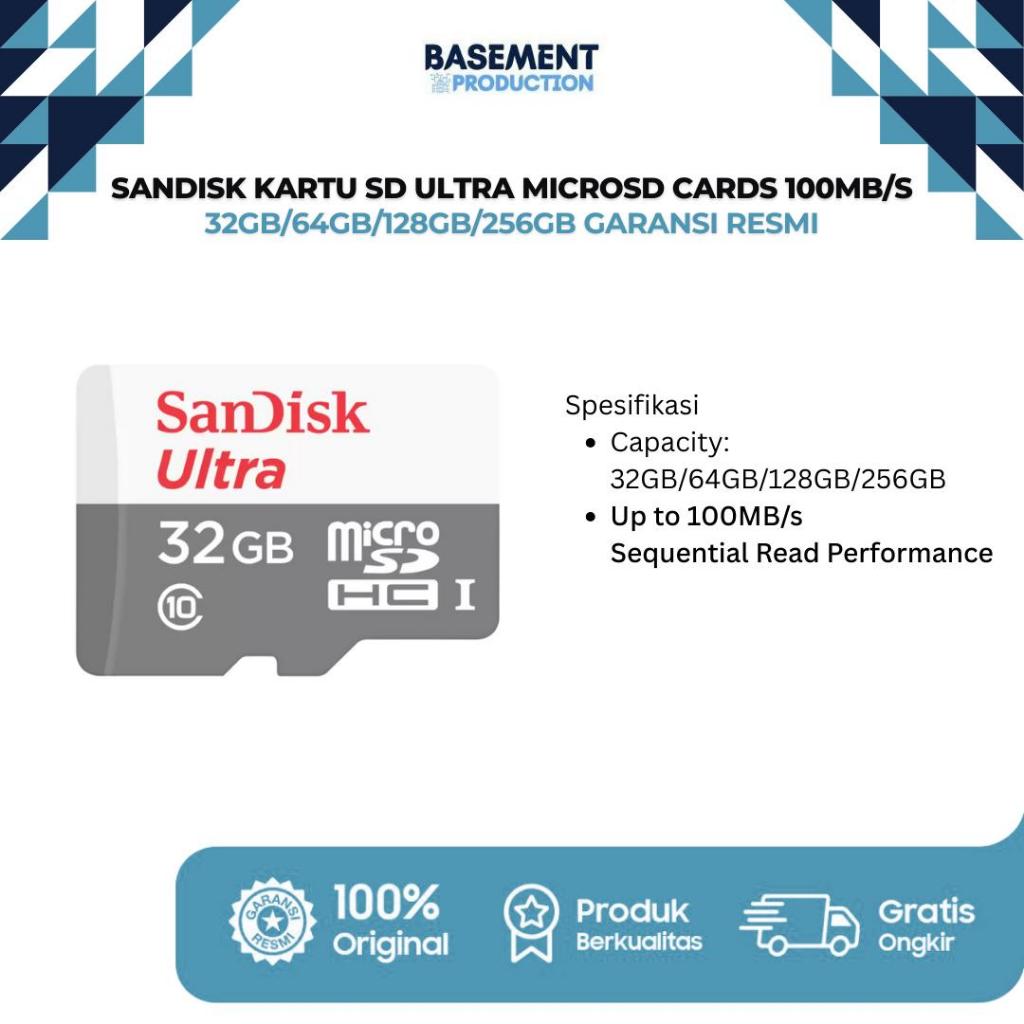 SanDisk Kartu SD Ultra microSD cards 100MB/s 32GB/64GB/128GB/256GB Garansi Resmi