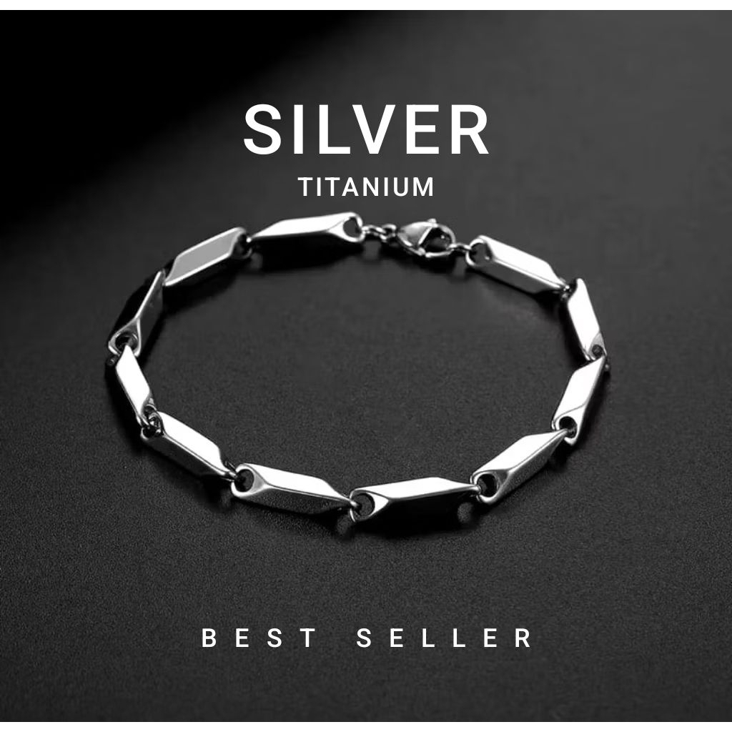 Gelang tangan pria wanita titanium silver gold hitam anti karat model biji padi rantai balok