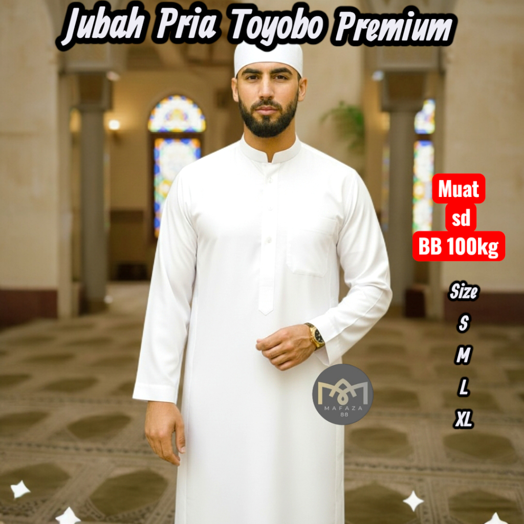 Gamis Jubah Muslim Pria TOYOBO PREMIUM ADEM Lengan Panjang Polos Sholat Umroh Lebaran Putih
