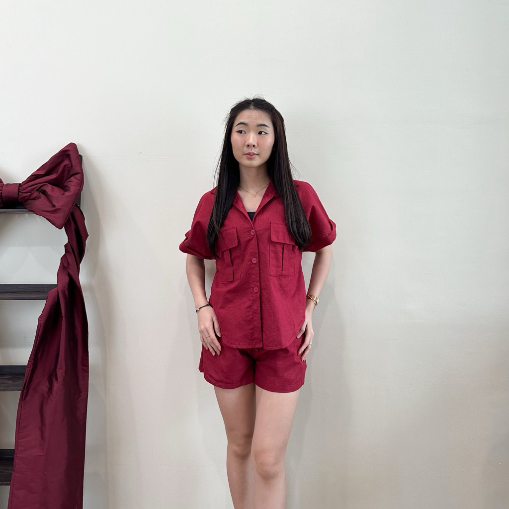 AVE 04 - Setelan Hotpant Kemeja Linen Pocket | Oneset Kemeja Celana Pendek