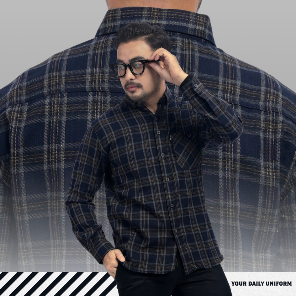 DGM Kemeja Flanel Pria Lengan Panjang Hitam Kotak Navy Garis Kuning Kemeja Pria Flanel Pria Kemeja P