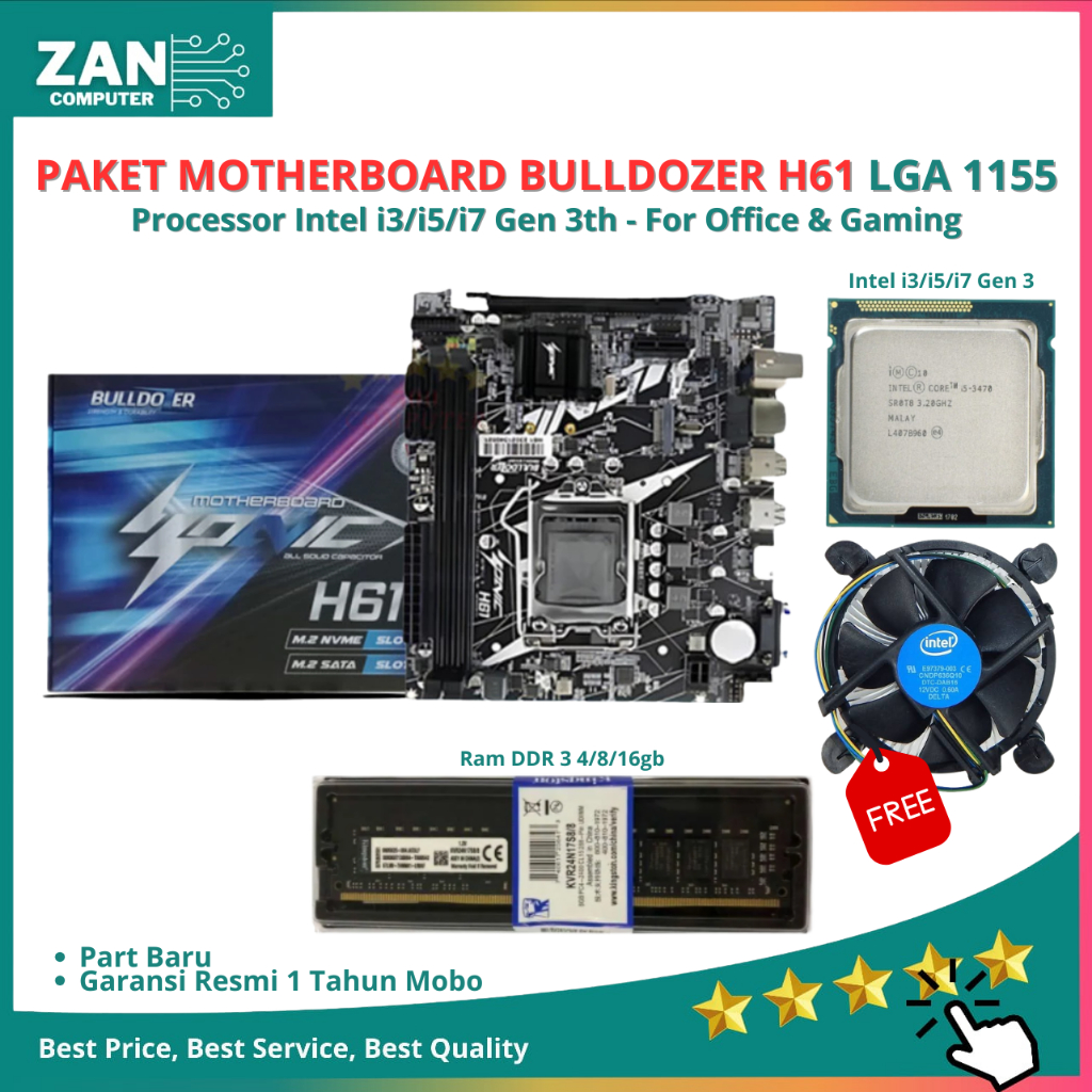 Paket Motherboard Bulldozer H61 M.2 Nvme LGA1155, H61, DDR3, SATA3 Gratis Fan Processor Intel Core i