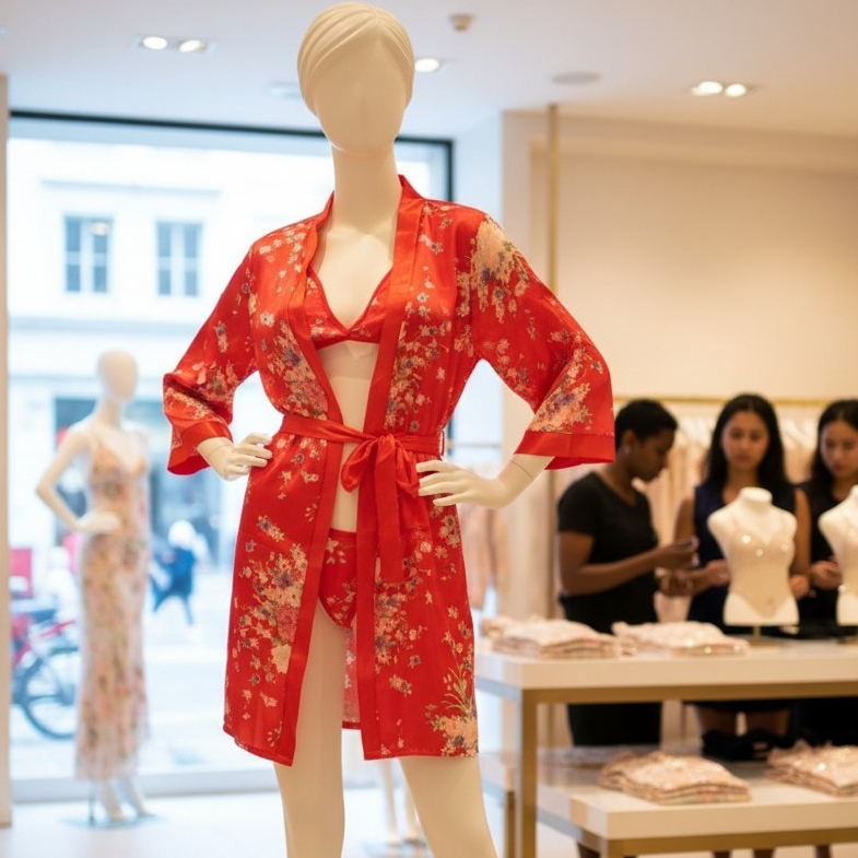 Baju Tidur Kimono Bath Robe Bikini Merah Sexy Motif Bunga B3573