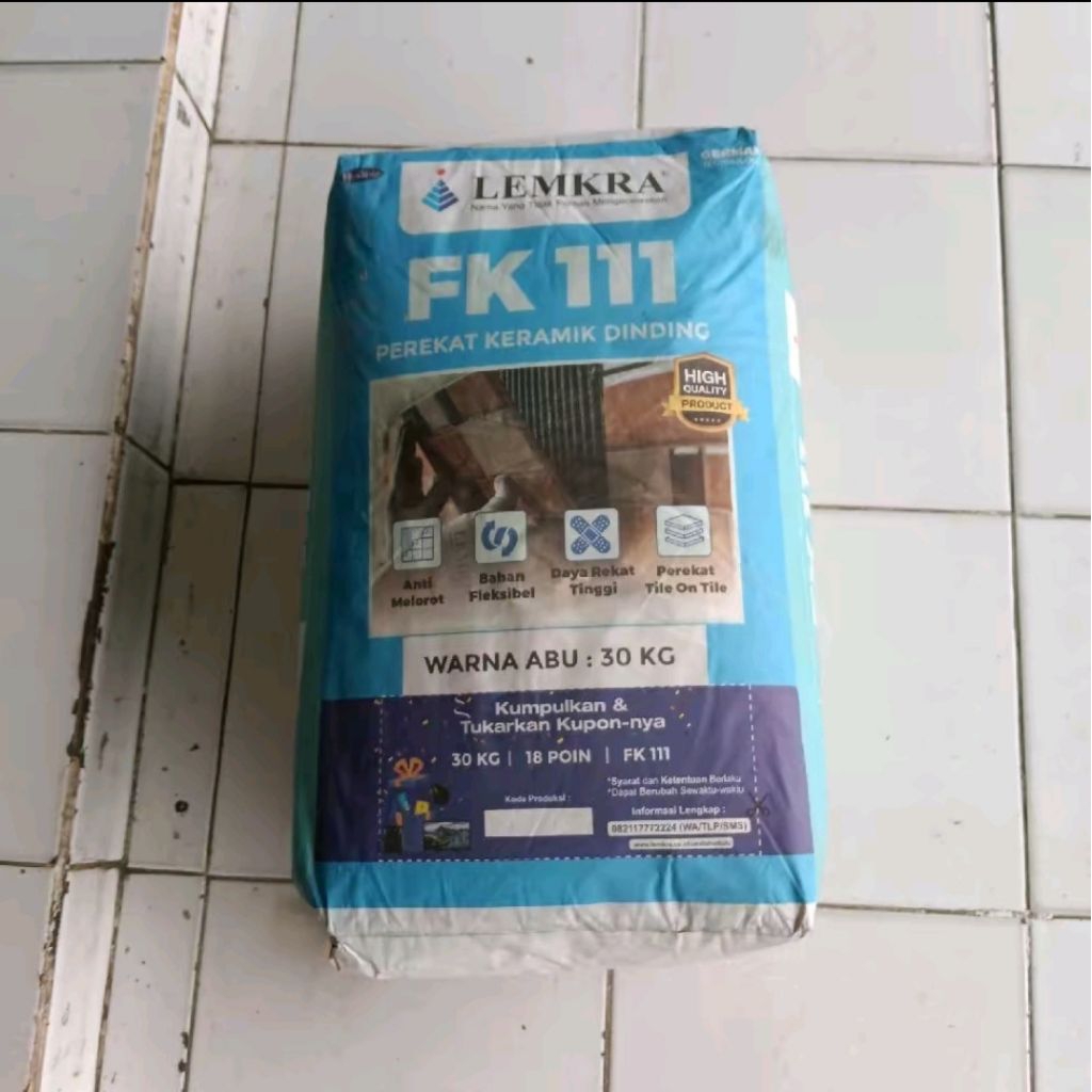 Lemkra FK 111 Semen Perekat Keramik Dinding Langit Langit Anti Melorot FK 111 30 kg Warna Abu Abu