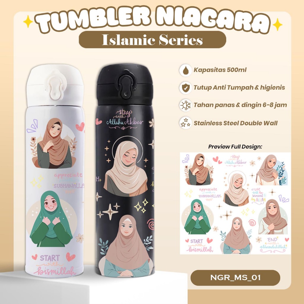 Termos Tumbler Niagara & Vacuum Flask Sakura bisa custom - Gambar desain islamic estetik