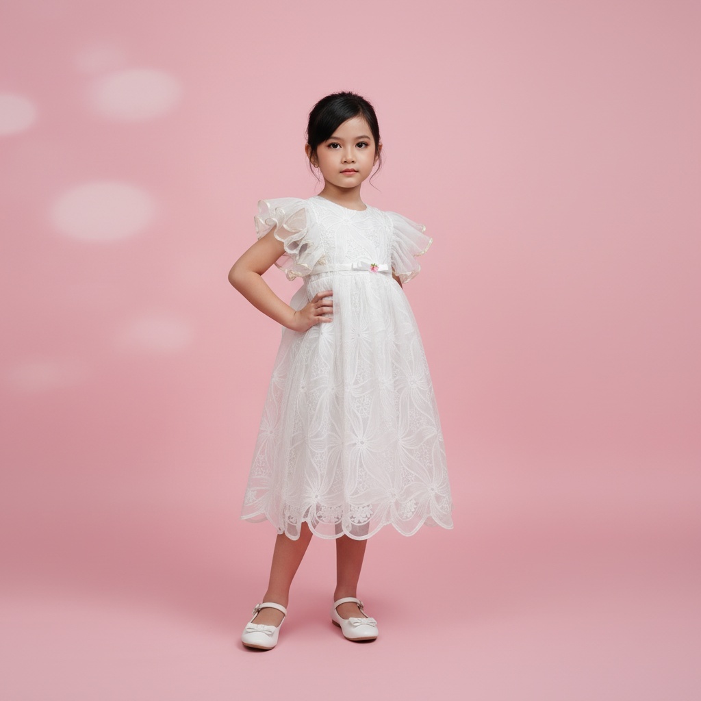 Gaun Pesta Anak Perempuan Putih Premium Mewah Brokat Bunga Dress Ulang Tahun