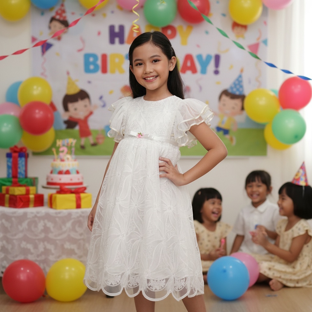 Gaun Pesta Anak Perempuan Putih Premium Mewah Brokat Bunga Dress Ulang Tahun