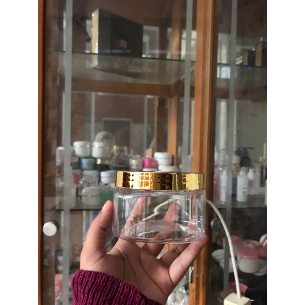 Pot Jar 250grm Kotak Bening Cap Chrome Gold