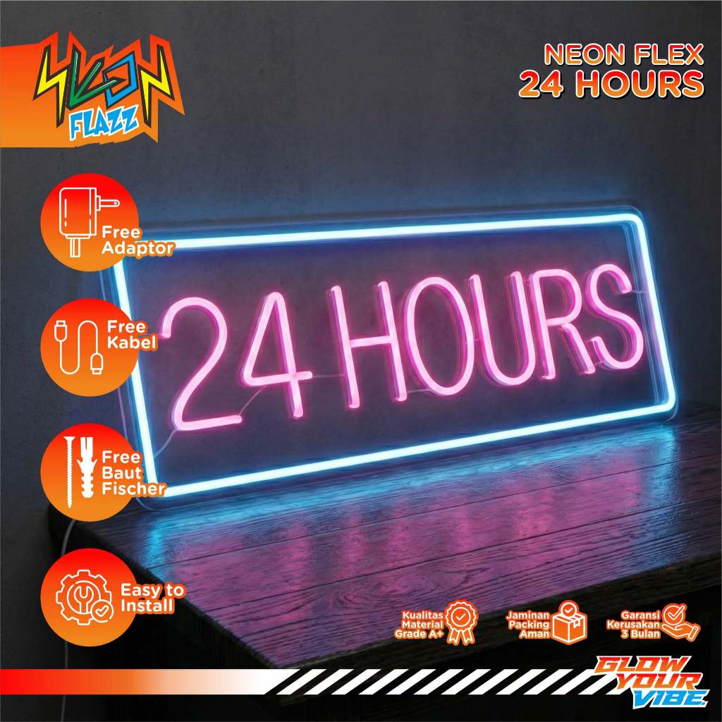Lampu Neon Flex 24 HOURS Signage Toko Buka 24 Jam - Papan Nama Usaha Toko Apotek Garansi 3 Bulan