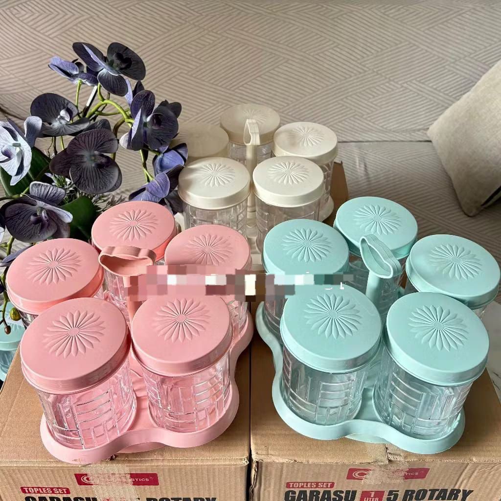 TOPLES BERPUTAR  Set 5 Toples GARASU & MIZU 1 Liter // Rotary Nampan Putar Plastik Akrilik