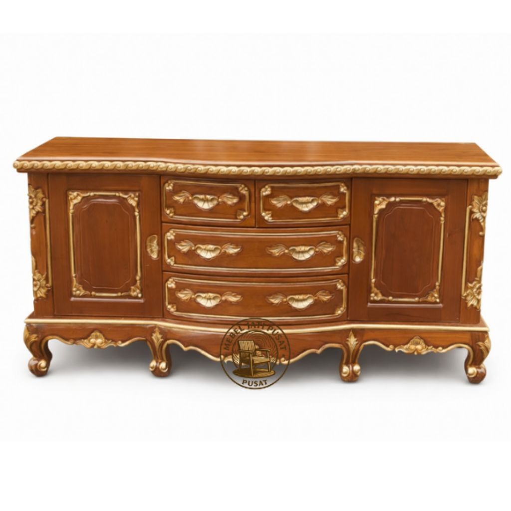 Bufet TV Klasik Ukir Mewah 150 cm – Lemari Kayu Jati Finishing Natural Emas