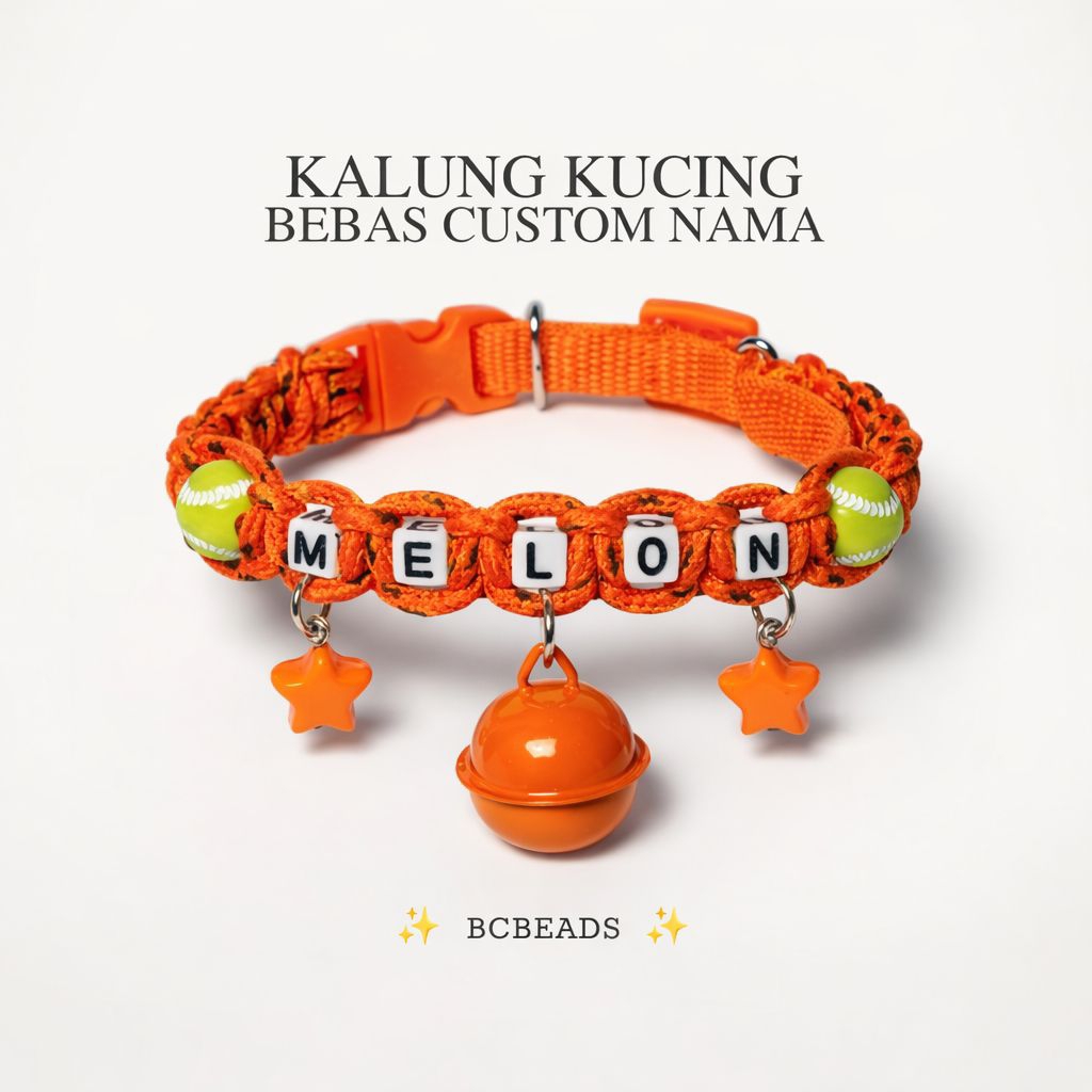 BCBEADS | Kalung kucing tali prusik orange bintik hitam untuk kucing dewasa | bebas custom nama | de
