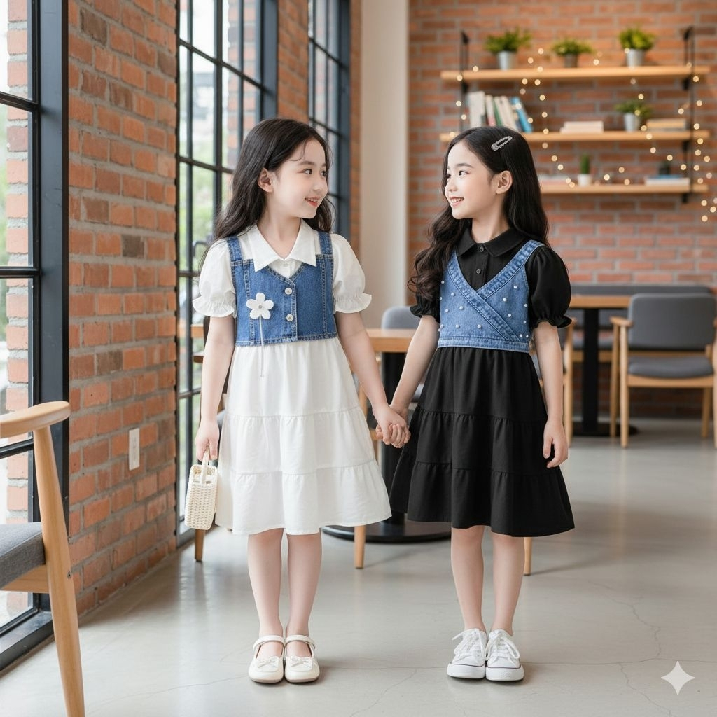Arsyila12 - Vest Denim Korean Anak Perempuan 1 - 7 Tahun Dress Rompi Bunga