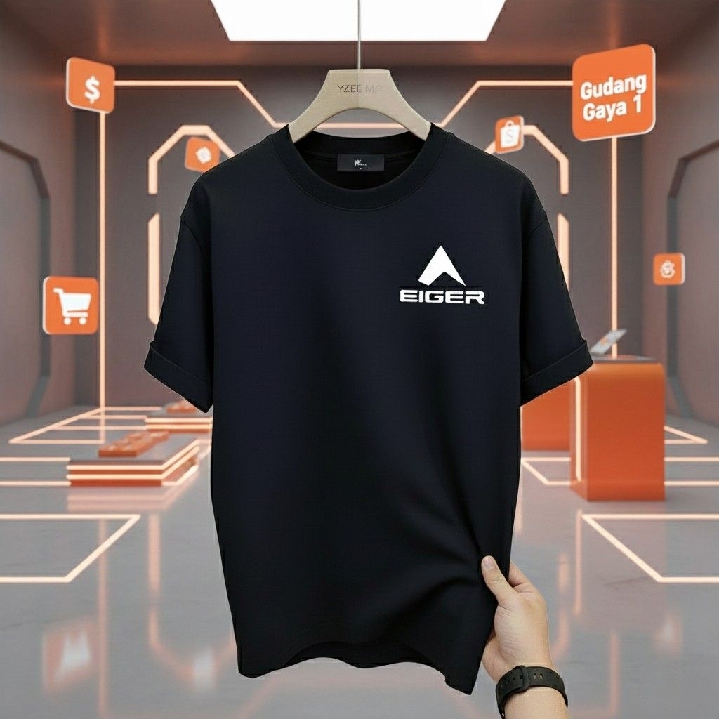Kaos Eiger Pria Hitam Lengan Pendek | T-Shirt Casual Outdoor Adem Dan Nyaman