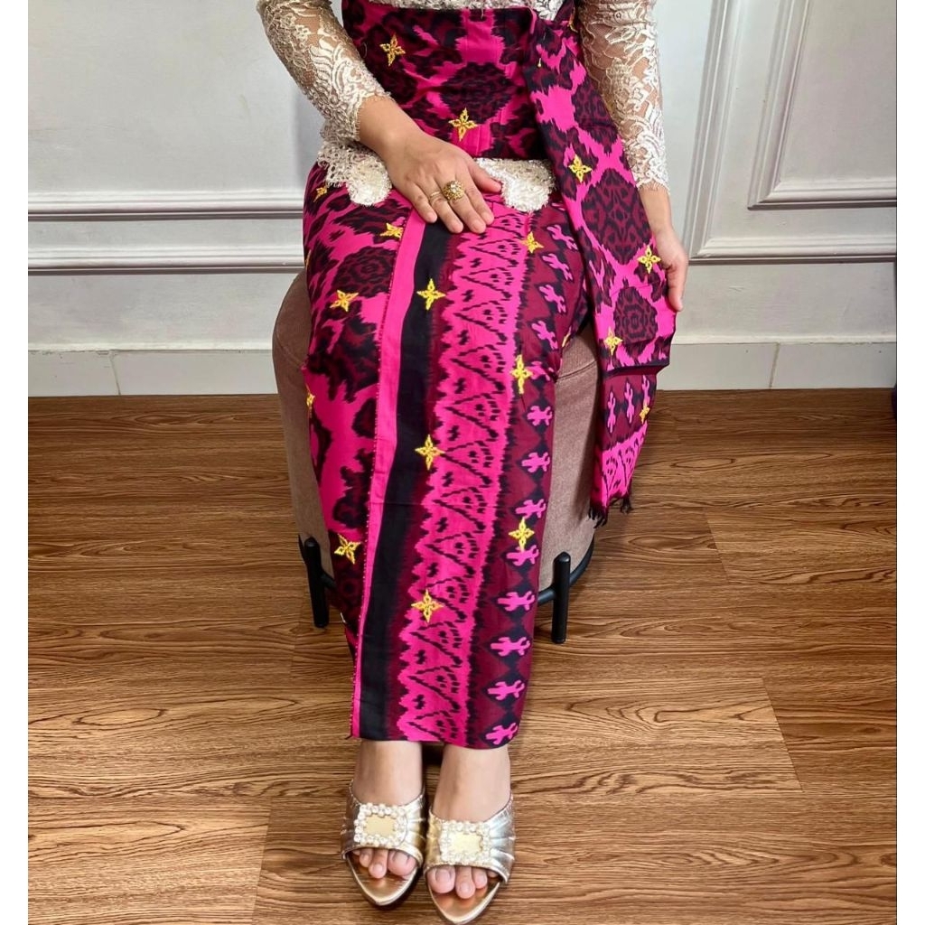 Kamen songket bordir bali katun endek tretes emas (kamen lembaran) + selendang