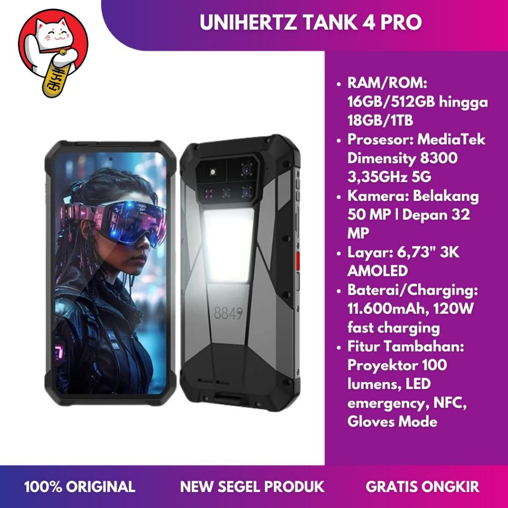Unihertz Tank 4 Pro 5G Rugged Smartphone dengan Proyektor Bawaan RAM 16GB/18GB + ROM 512GB/1TB Bater