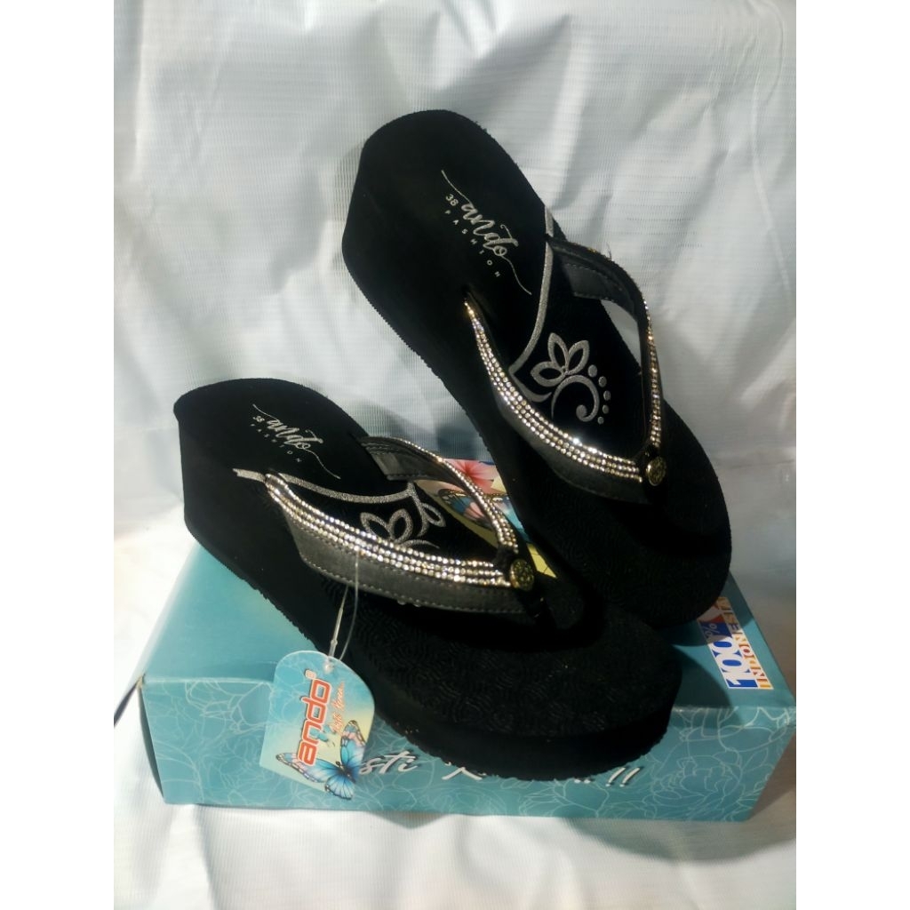 sandal jepit spons tinggi wanita Ando Elok hitam original