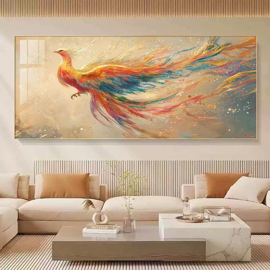 KOKOPAINTING Lukisan Porcelain Diamond 5D Kristal LED Motif Burung Phoenix Api Horizontal / Lukisan 
